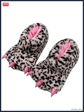 Leopard Print Plush Monster Claw Slippers Animal Paw House Shoes